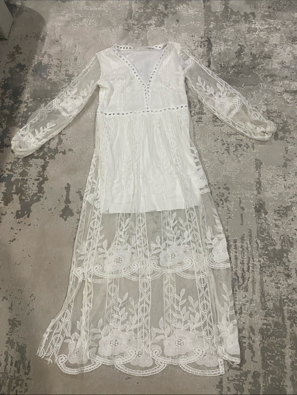 White Lace Maxi Dress with Sheer Floral Overlay